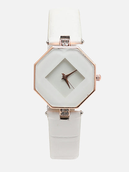 Women White Hectagon Analogue Watch