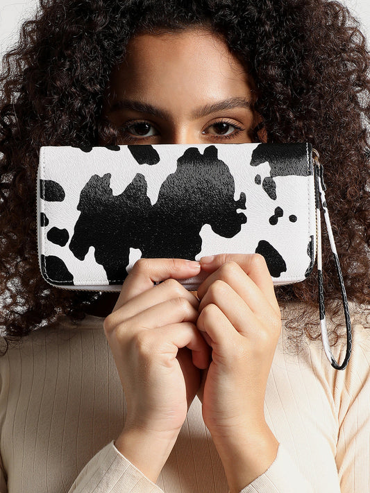 White & Black Cow Printed Vegan Leather Wallet