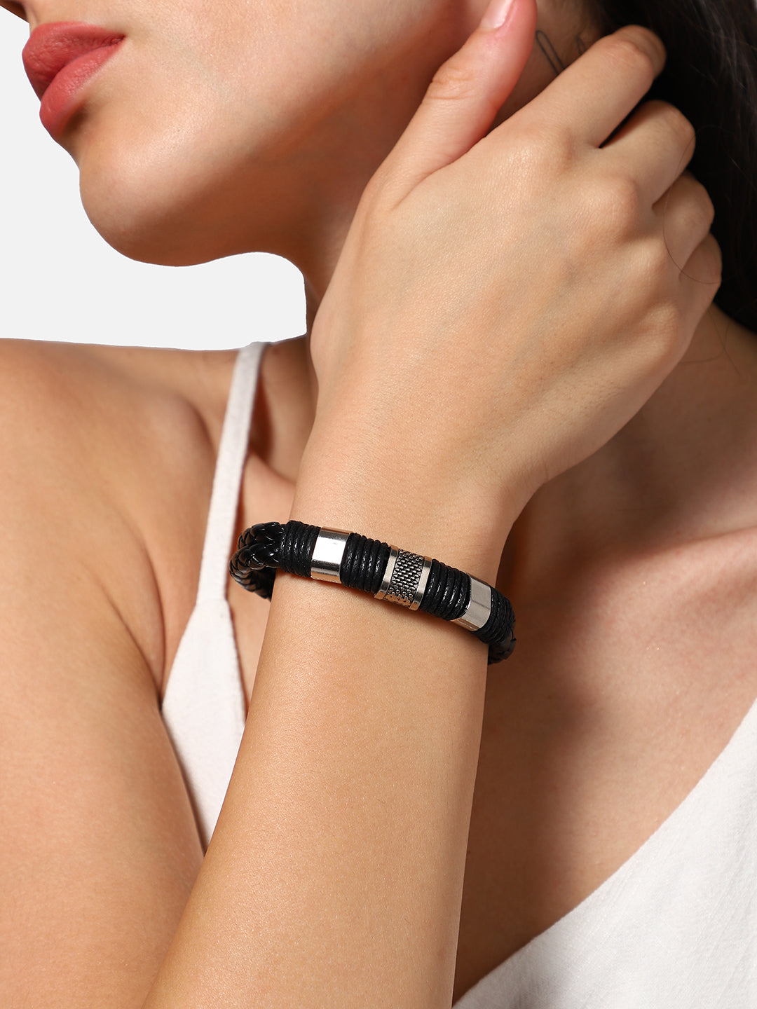 SILVER PLATED CASUAL PU LEATHER DESIGNER BRACELET FOR WOMEN