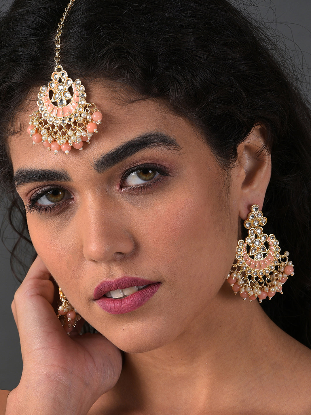 PINK MEENAKARI EARRING & MAANGTIKA SET