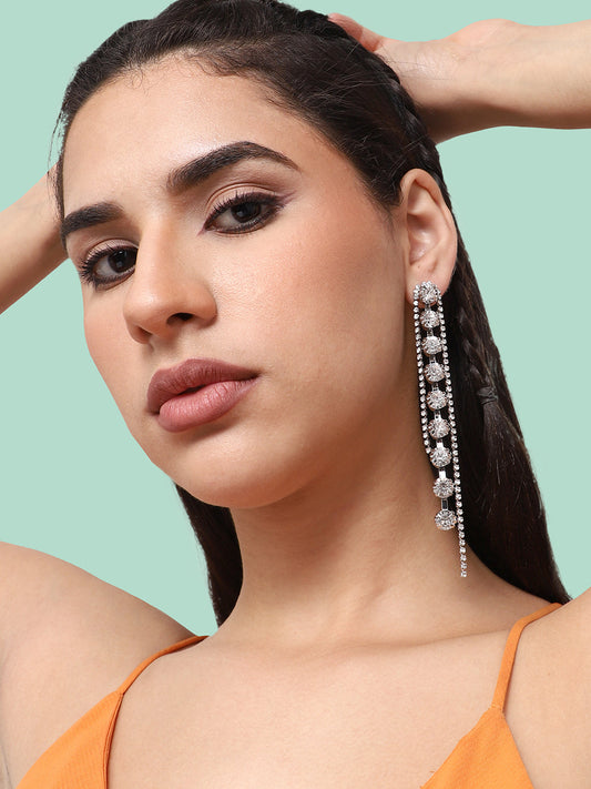 SILVER PLATED PARTY DESIGNER STONE DROP EARRING FOR WOMEN