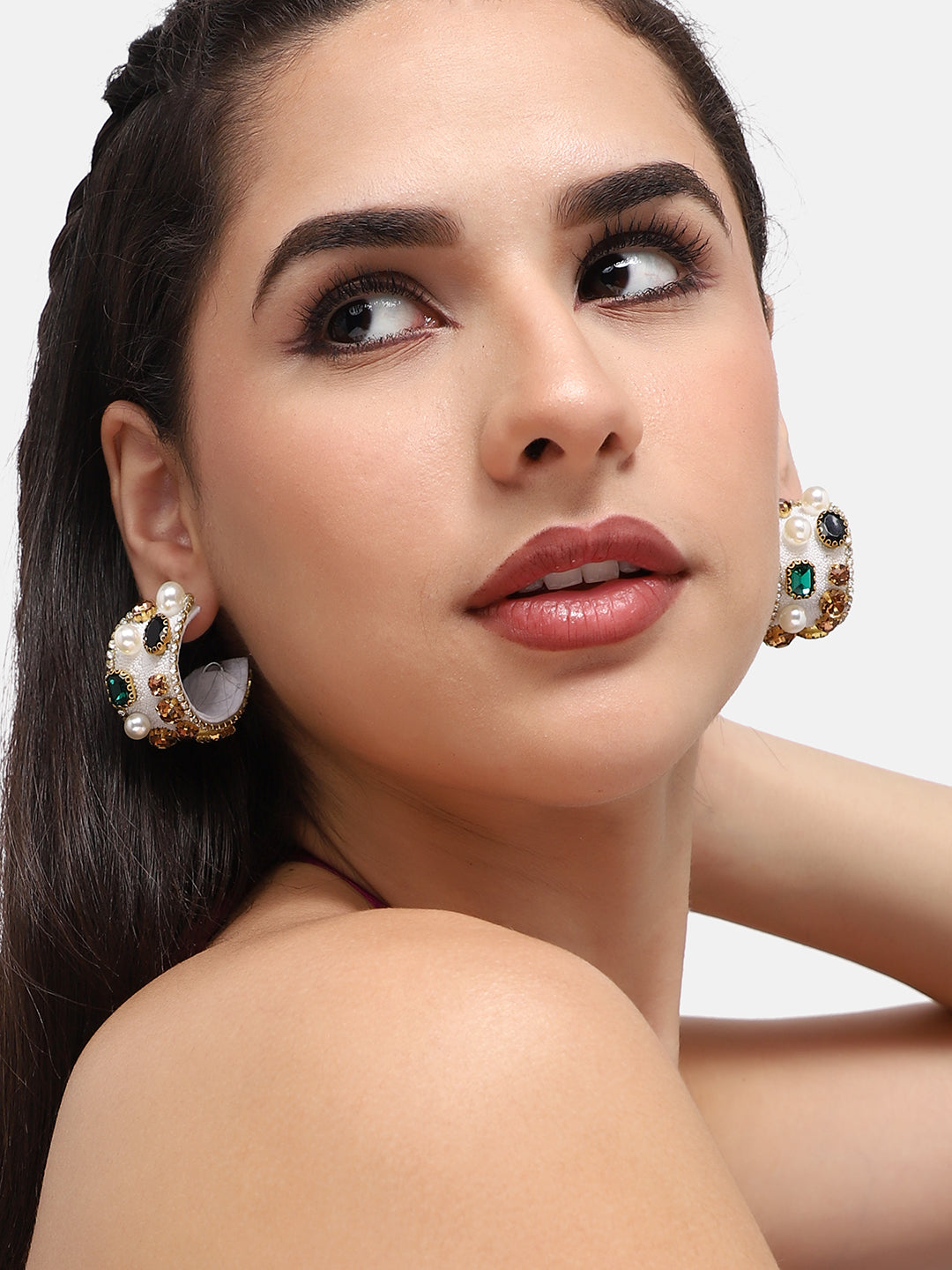 GOLD PLATED PARTY DESIGNER STONE HOOP EARRING FOR WOMEN