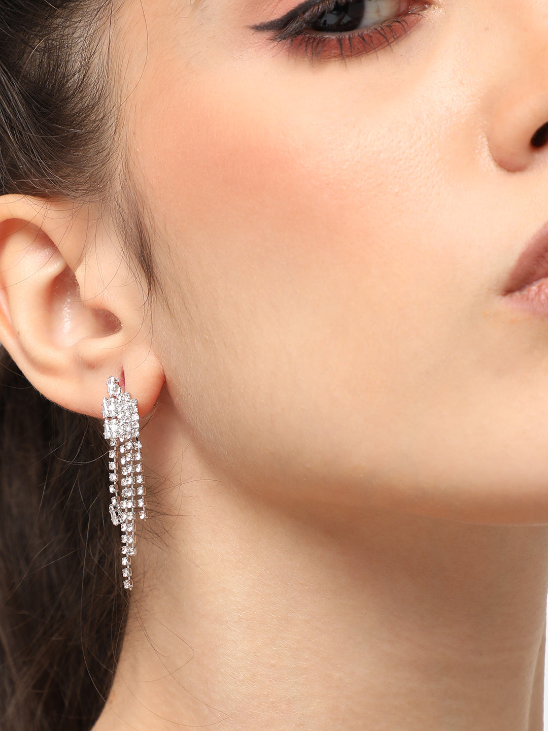 SILVER PLATED PARTY DESIGNER STONE DROP EARRING FOR WOMEN