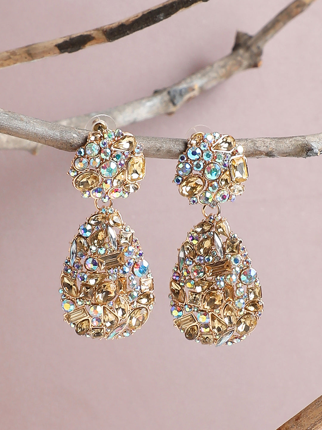 Multi Colour Stones Gold Plated Drop Earrings