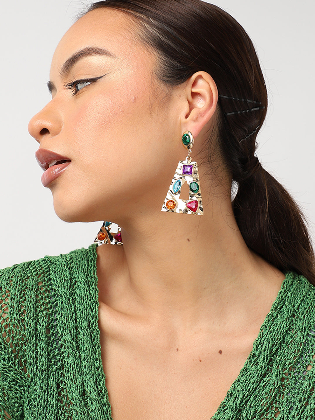 Multi Colour Stones Statement Drop Earrings