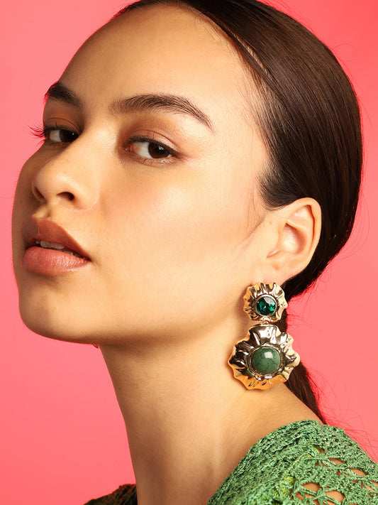 Green Stones Gold Plated Designer Drop Earrings