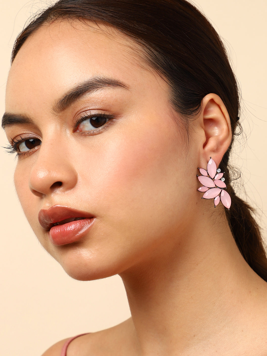 Pink Stone Flower Stud Earrings