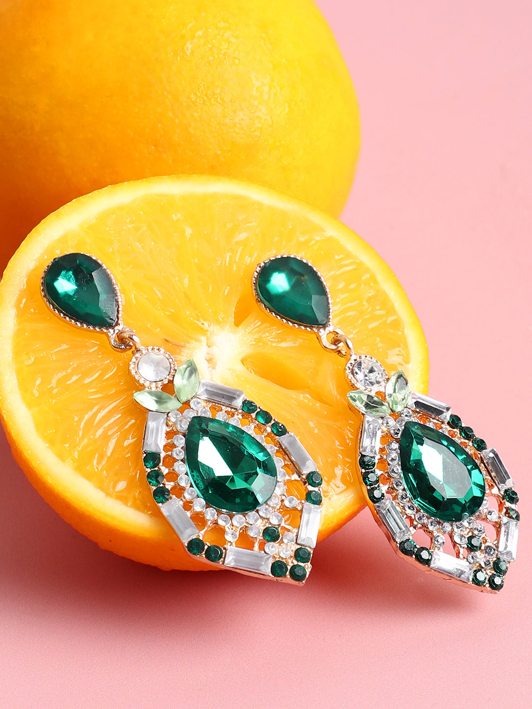 Green Rhinestones Drop Earrings