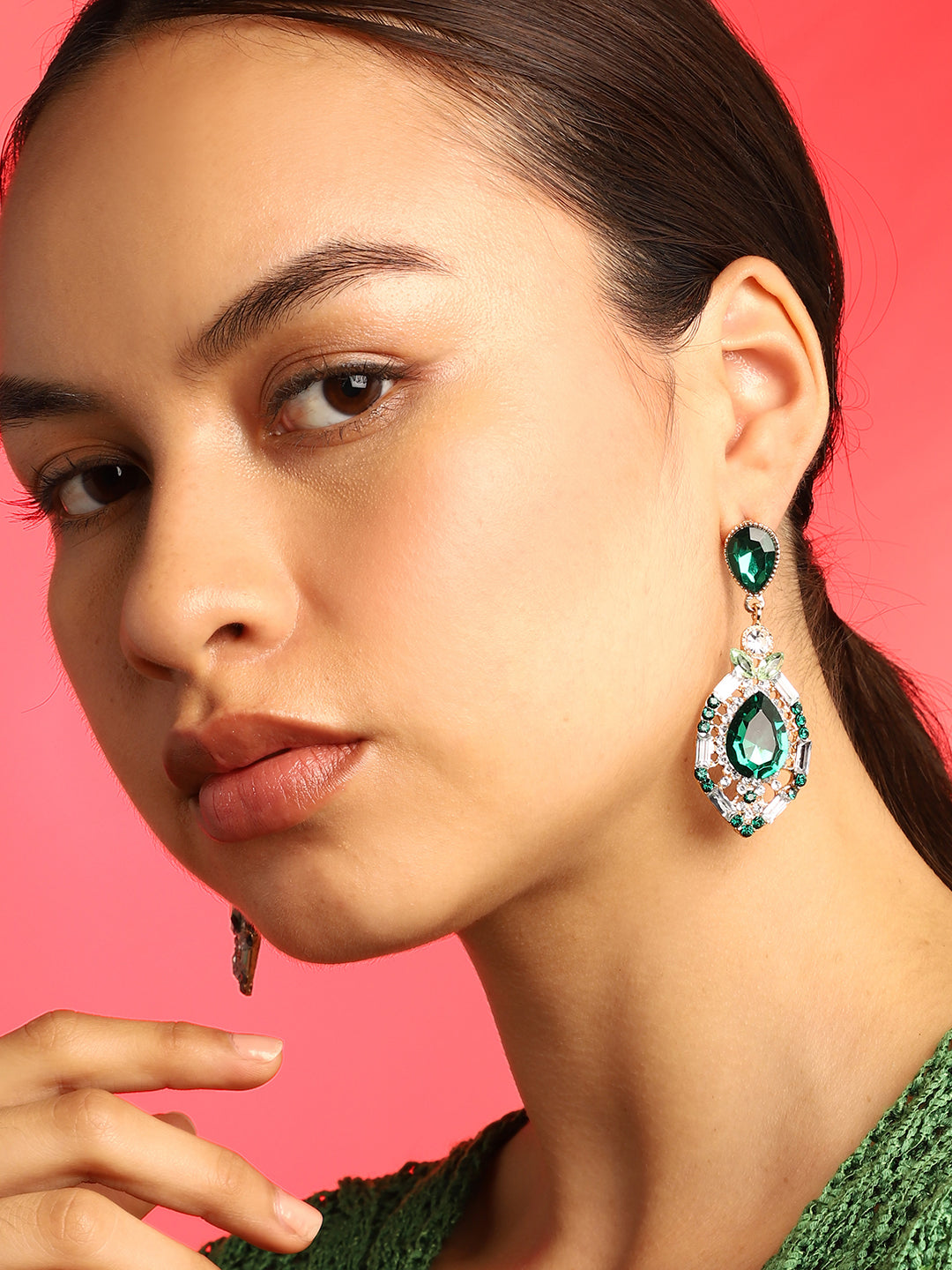 Green Rhinestones Drop Earrings