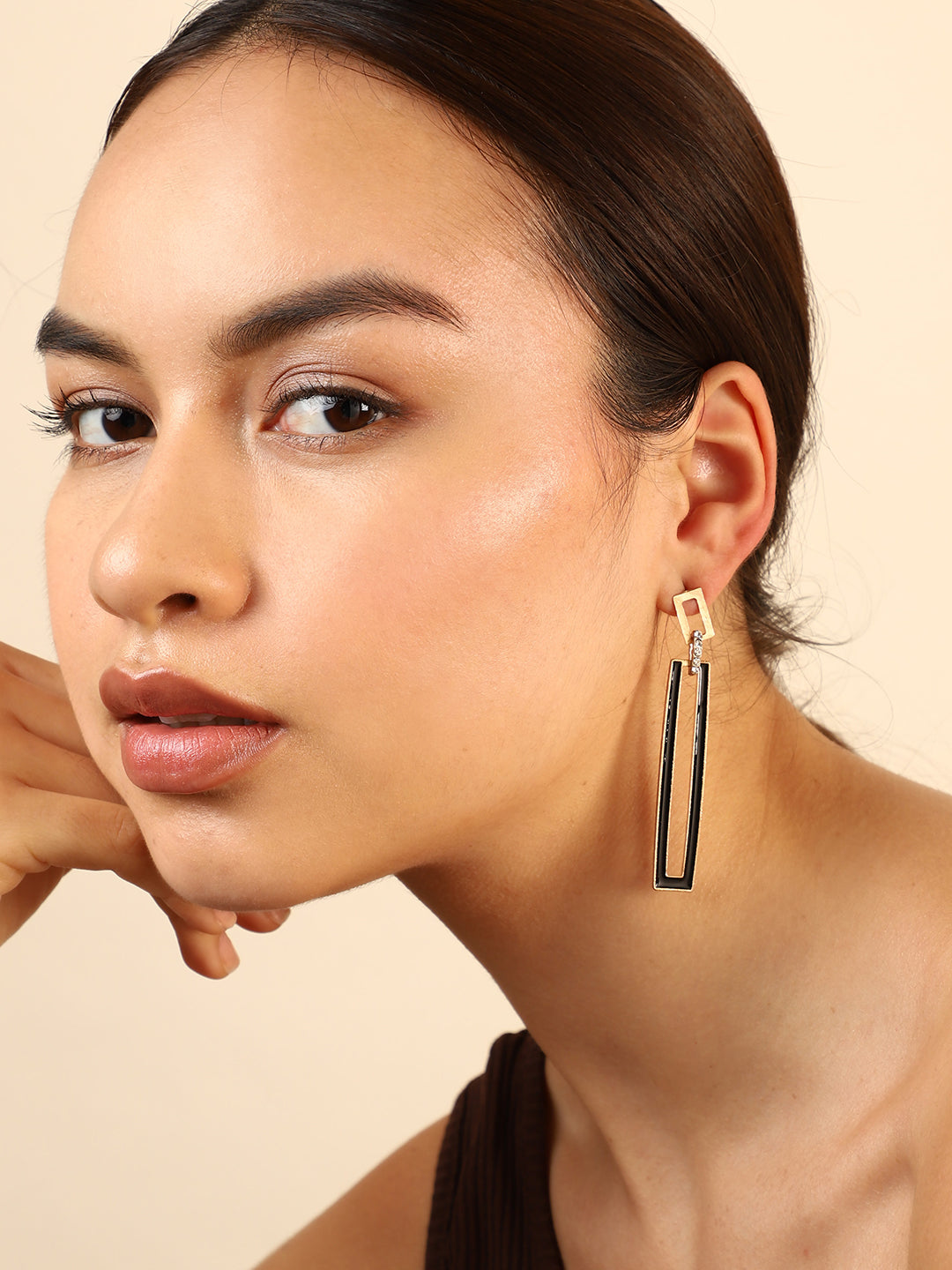 Black Rhinestones Gold Drop Earrings