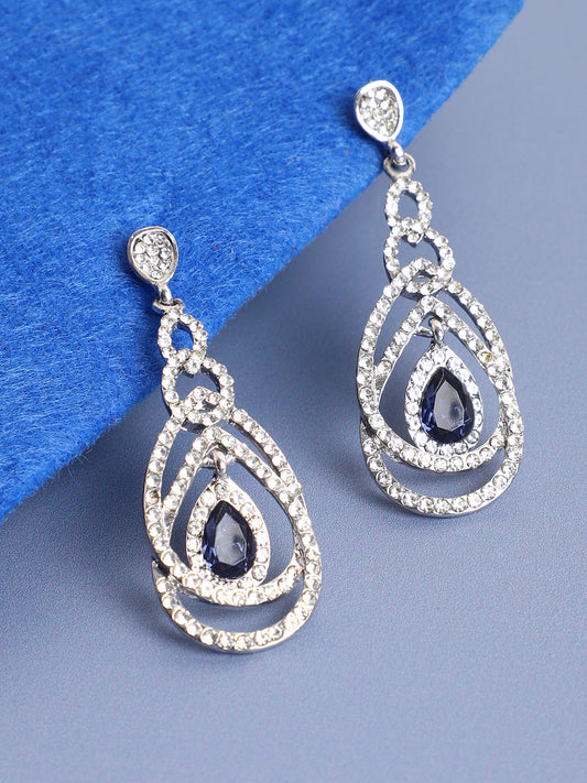 Blue Stone Silver Rhinestone Drop Earrings