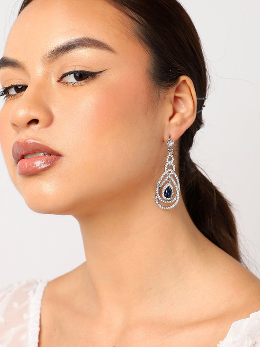 Blue Stone Silver Rhinestone Drop Earrings