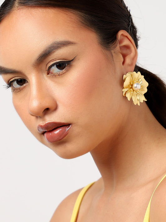 Yellow Flower Pearl Stud Earrings