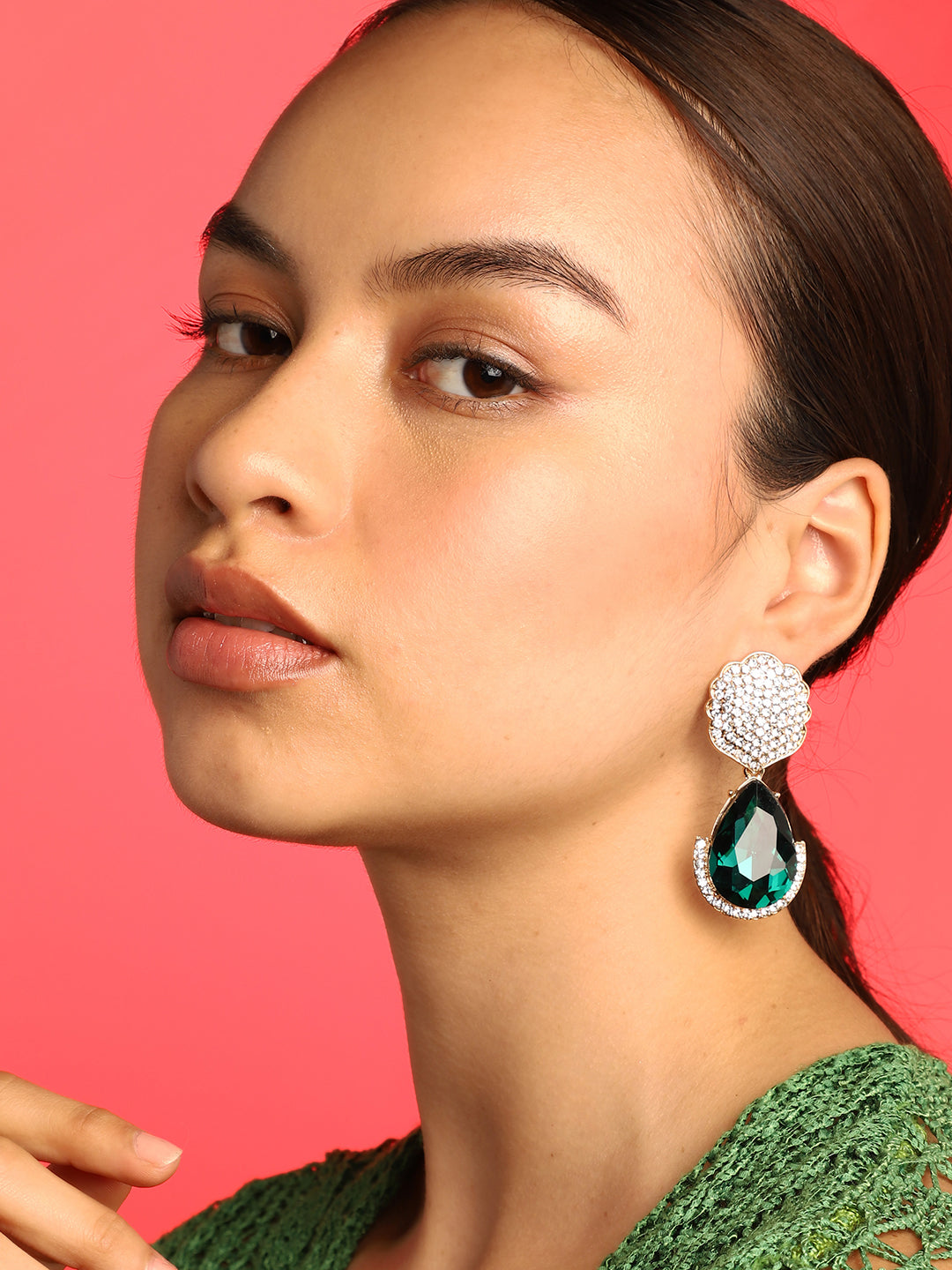 Green Stone Rhinestones Drop Earrings