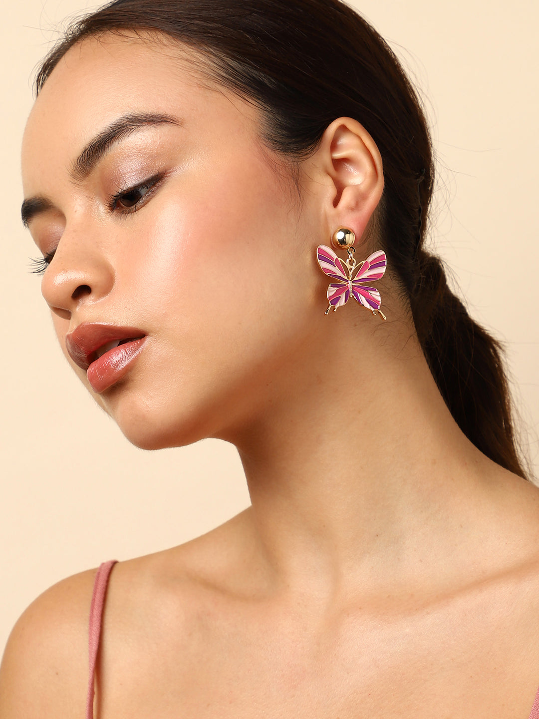 GOLD PLATED PINK BUTTERFLY SHAPED EARRINGS FOR WOMEN