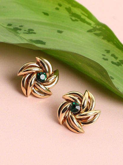 Green Stone Gold Plated Stud Earrings