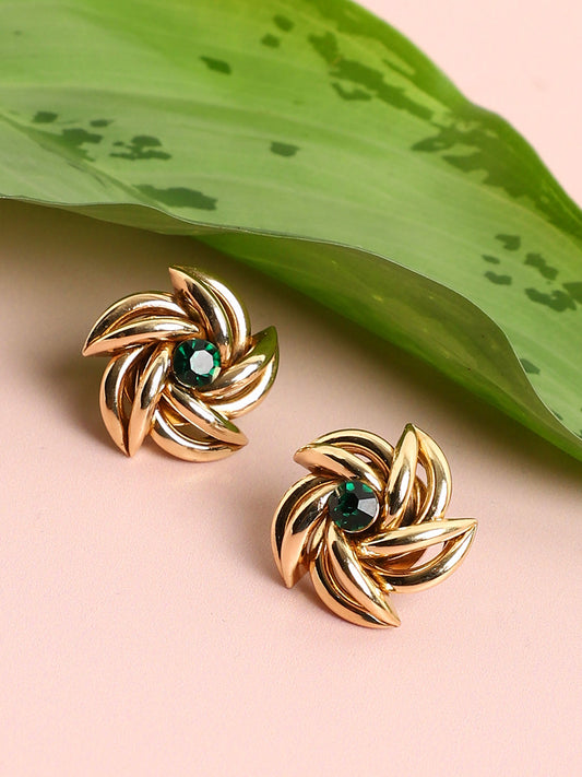 Green Stone Gold Plated Stud Earrings