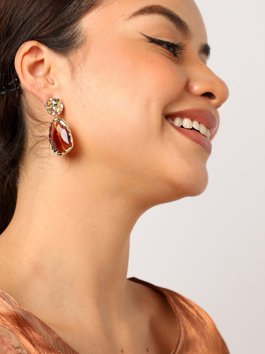 Brown Stone Gold Plated Drop Earrings