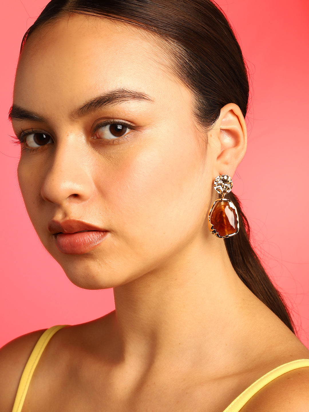 Brown Stone Gold Plated Drop Earrings