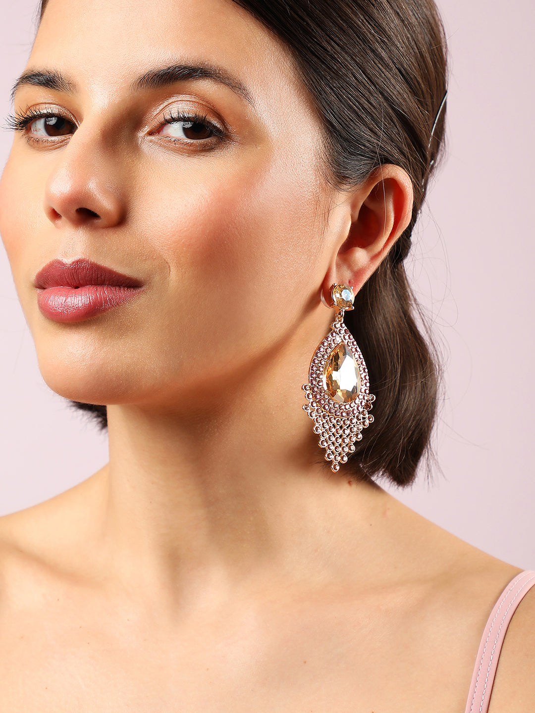 Gold Plated Ston Studed Drop Earrings