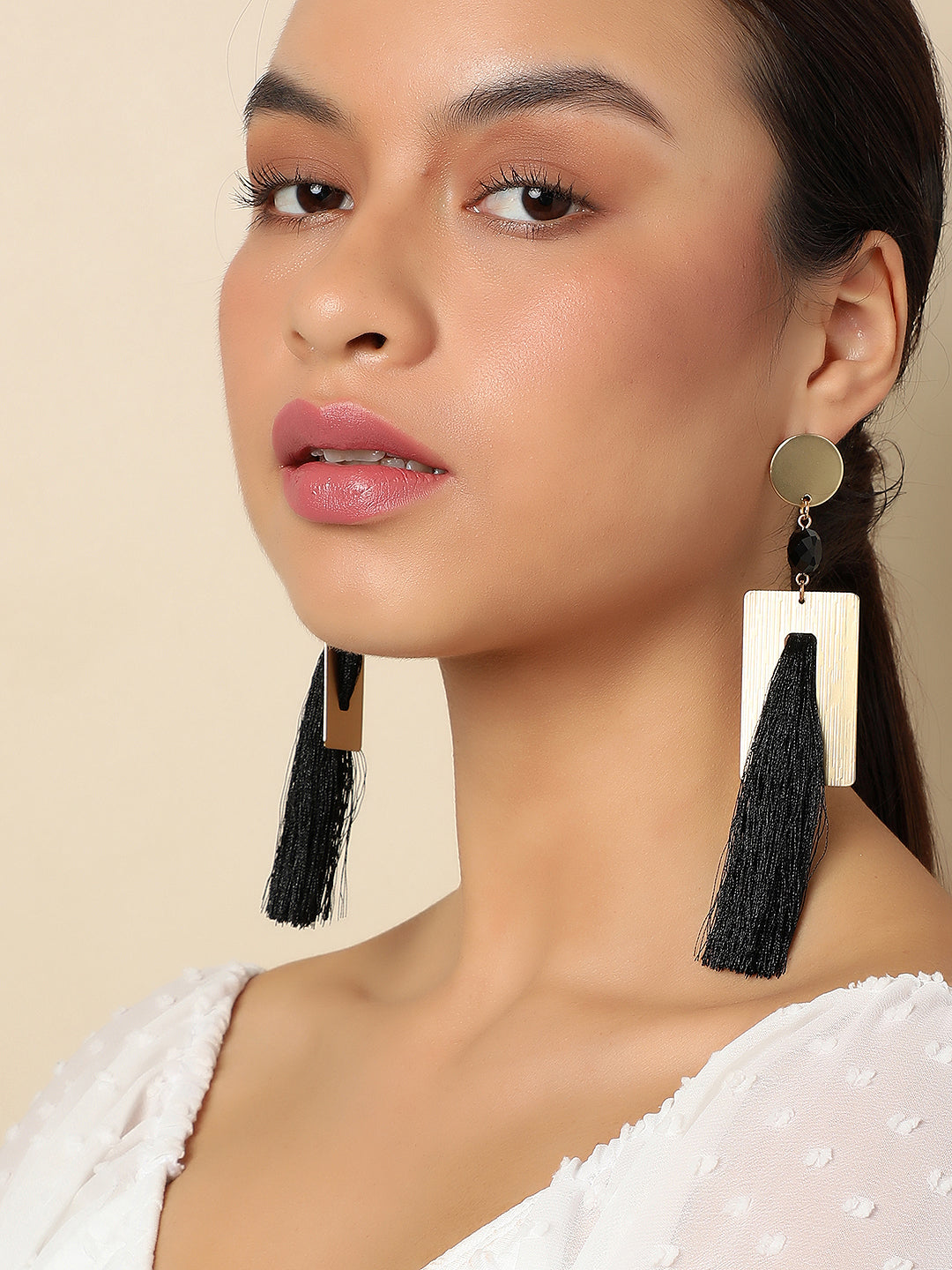 SOHI GOLD PLATED BLACK TASSLE EARRINGS