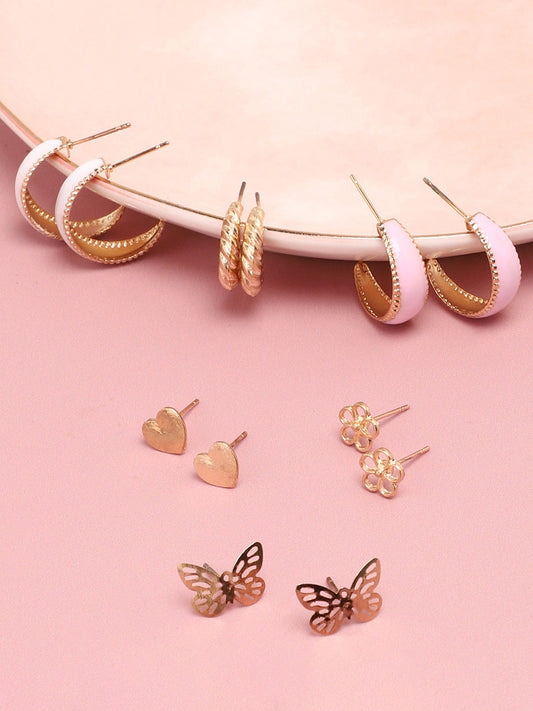 SOHI PINK AND GOLD PACK OF 6 HOOP & STUD EARRINGS