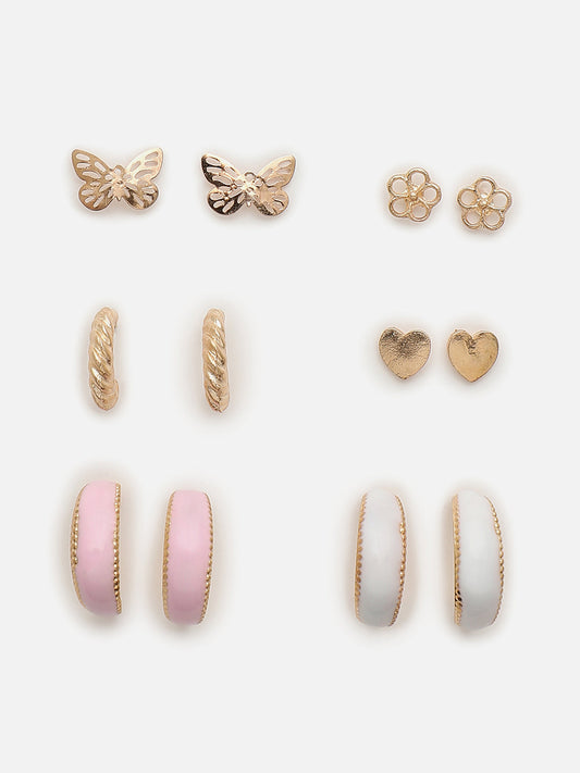 SOHI PINK AND GOLD PACK OF 6 HOOP & STUD EARRINGS
