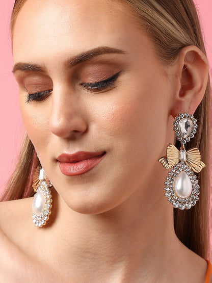 Gold Plated Party Designer Stone and Pearls Drop Earring For Women