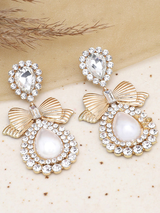 Gold Plated Party Designer Stone and Pearls Drop Earring For Women