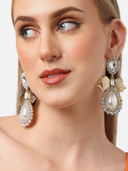 Gold Plated Party Designer Stone and Pearls Drop Earring For Women
