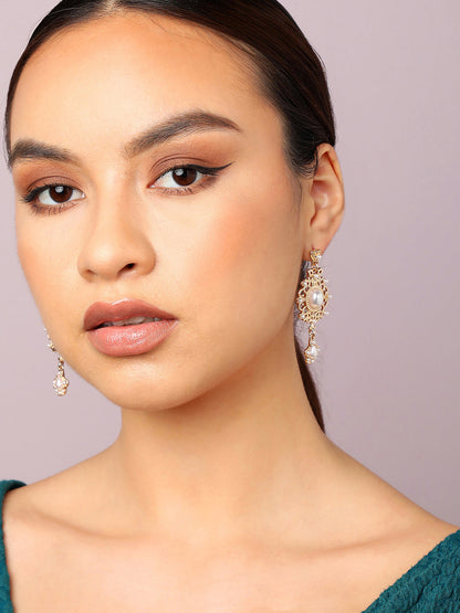 Gold Plated Party Designer Stone and Pearls Drop Earring For Women
