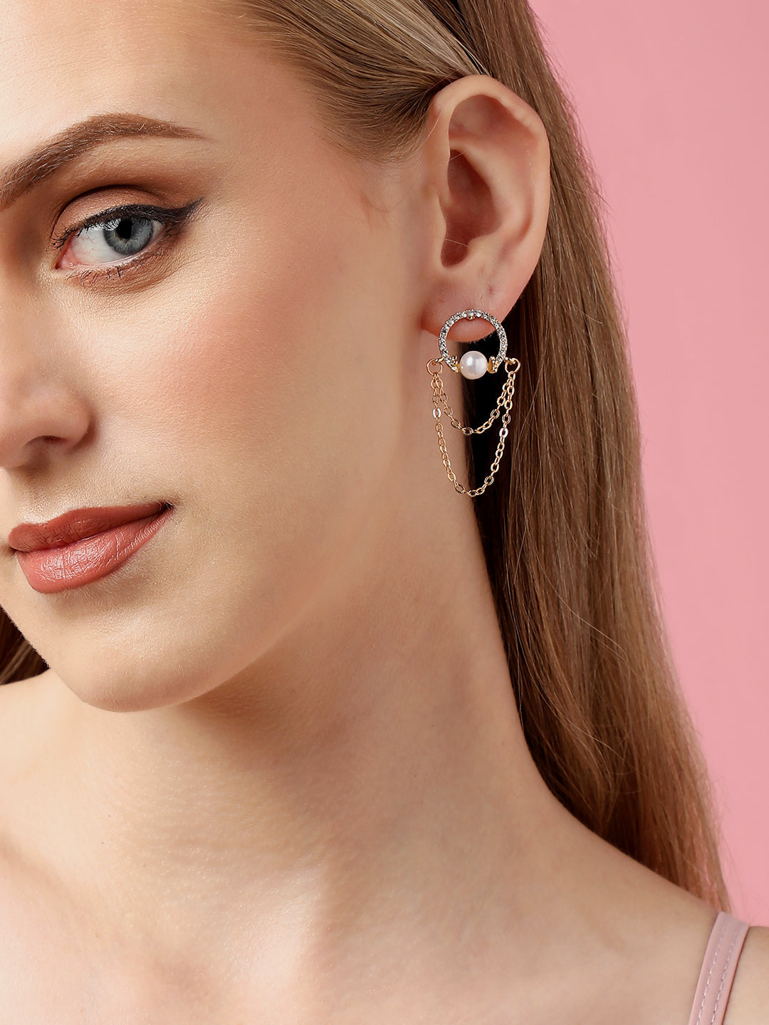 Gold Plated Party Designer Stone and Pearls Drop Earring For Women