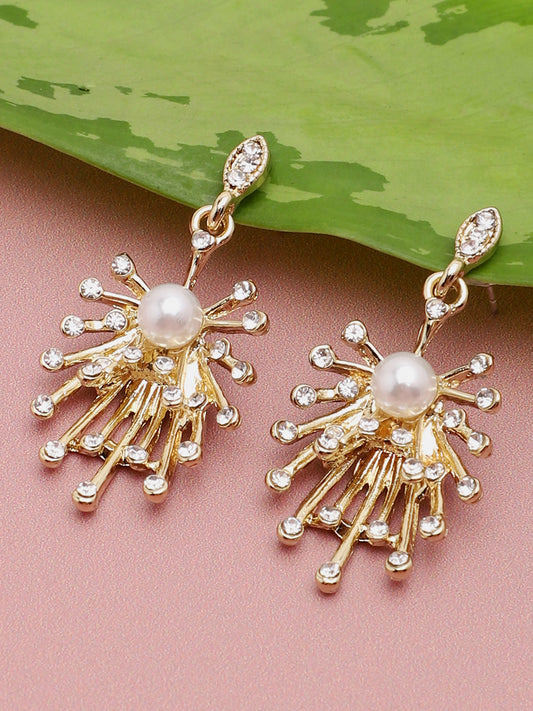 Gold Plated Party Designer Stone and Pearls Drop Earring For Women