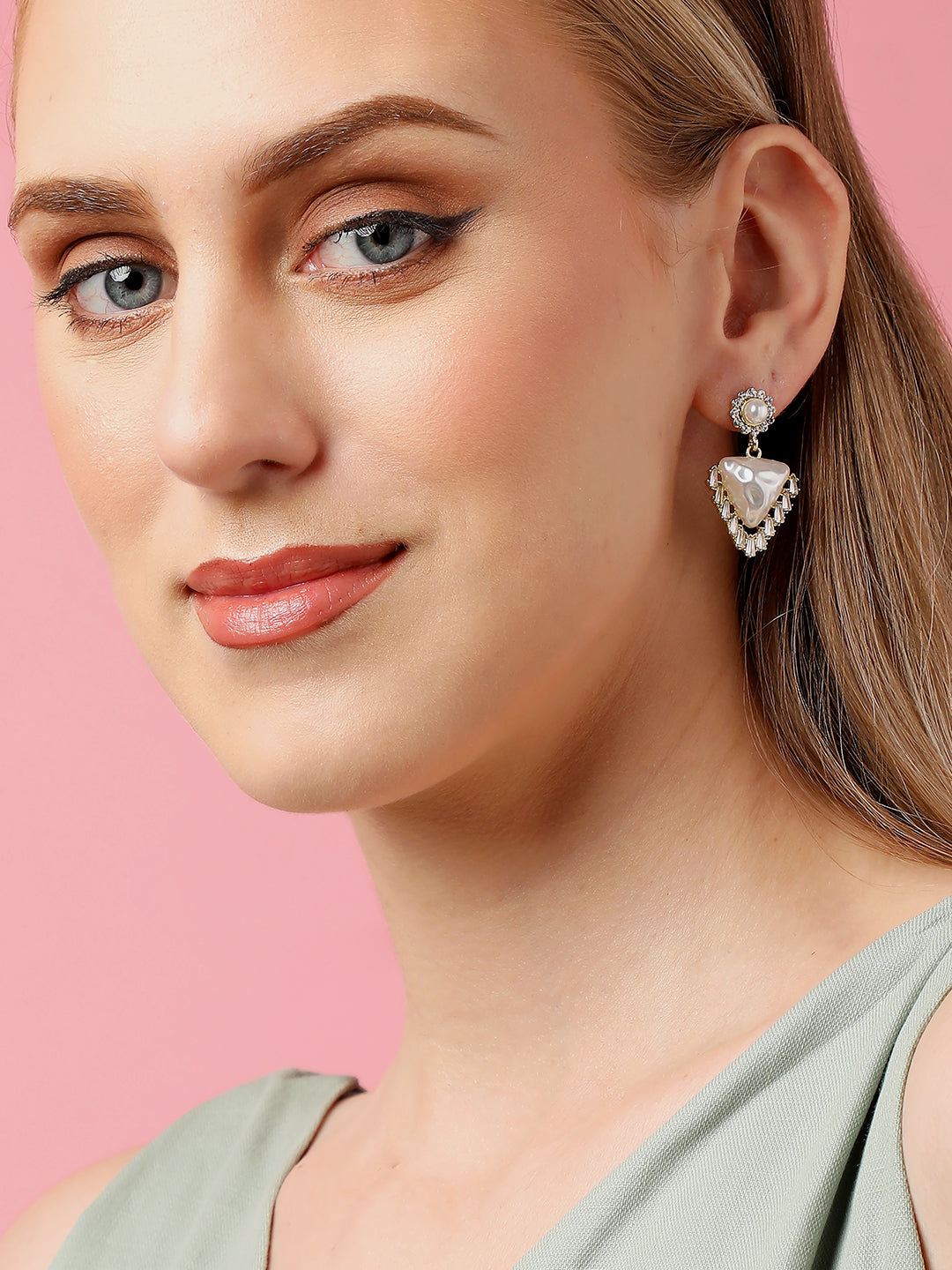 Gold Plated Party Designer Stone and Pearls Drop Earring For Women