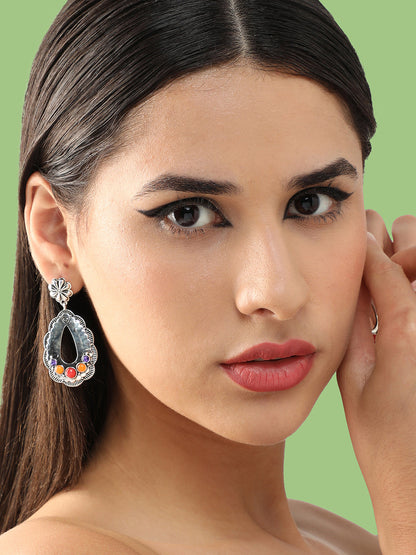SILVER PLATED PARTY DESIGNER STONE DROP EARRING FOR WOMEN