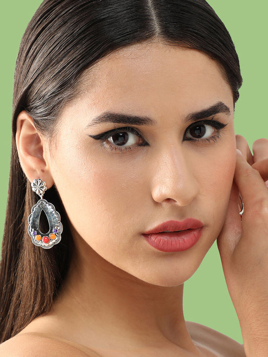 SILVER PLATED PARTY DESIGNER STONE DROP EARRING FOR WOMEN