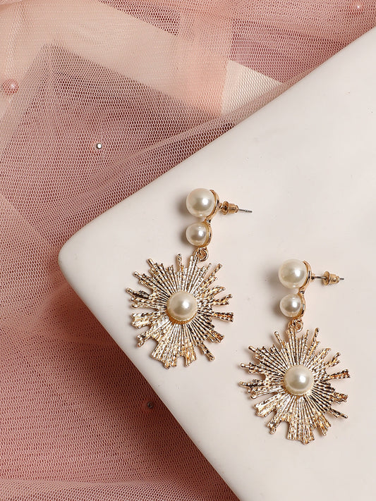 GOLD PLATED DESIGNER CONTEMPORARY DROP EARRING WITH PEARLS FOR WOMEN AND GIRLS
