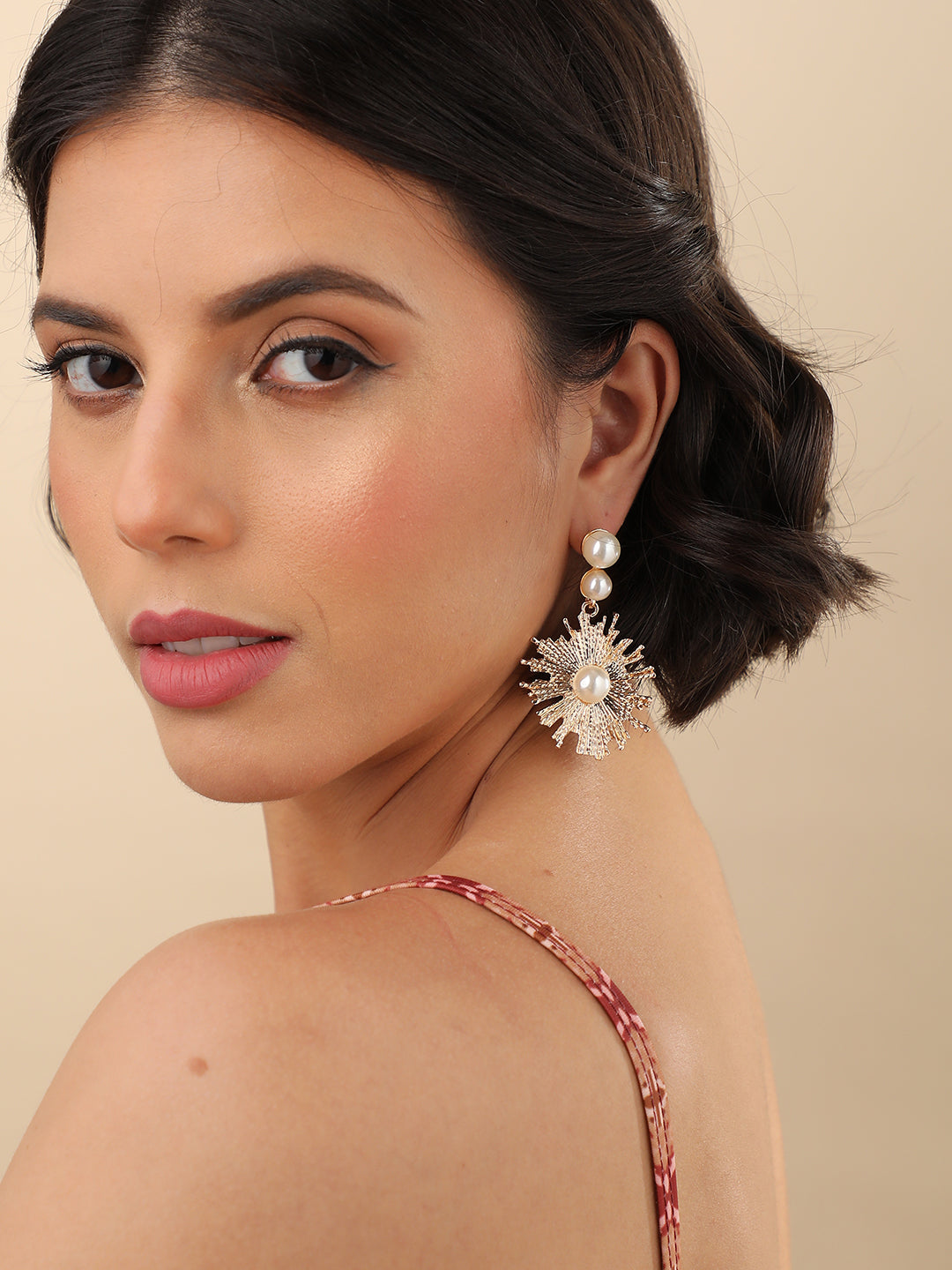 GOLD PLATED DESIGNER CONTEMPORARY DROP EARRING WITH PEARLS FOR WOMEN AND GIRLS