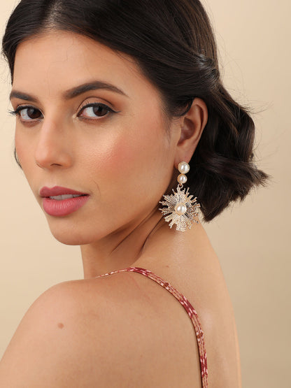 GOLD PLATED DESIGNER CONTEMPORARY DROP EARRING WITH PEARLS FOR WOMEN AND GIRLS
