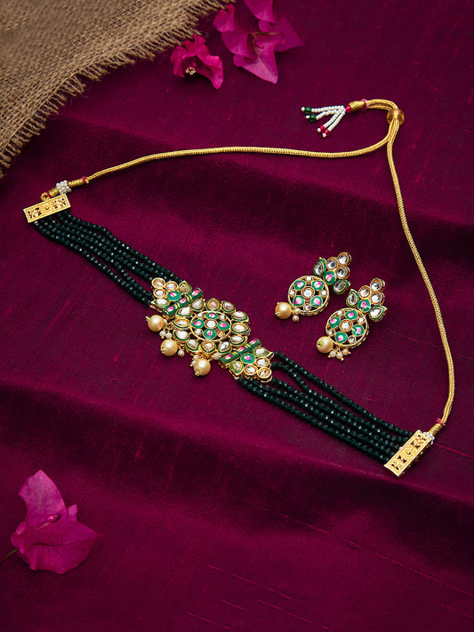BLACK BEADS KUNDAN CHOKER SET