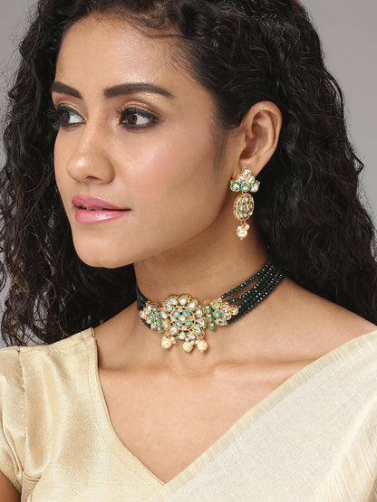 BLACK BEADS KUNDAN CHOKER SET
