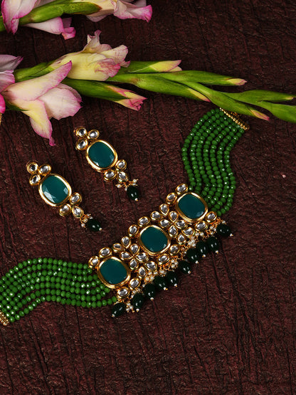 GREEN KUNDAN CHOKER WITH EARRINGS