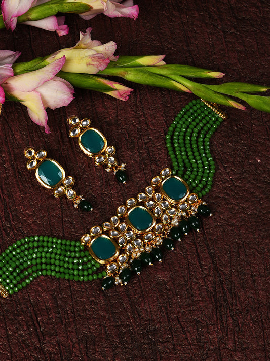 GREEN KUNDAN CHOKER WITH EARRINGS