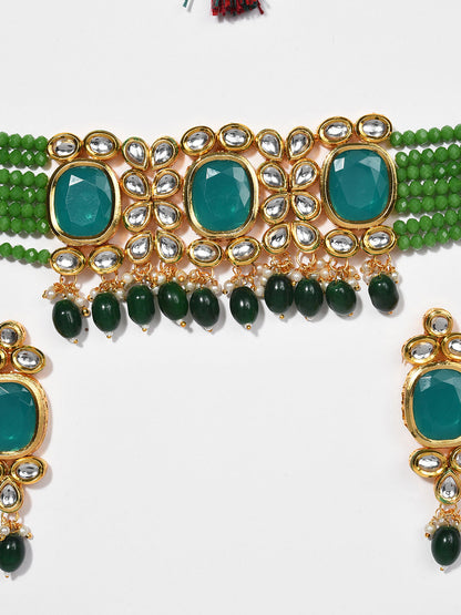 GREEN KUNDAN CHOKER WITH EARRINGS