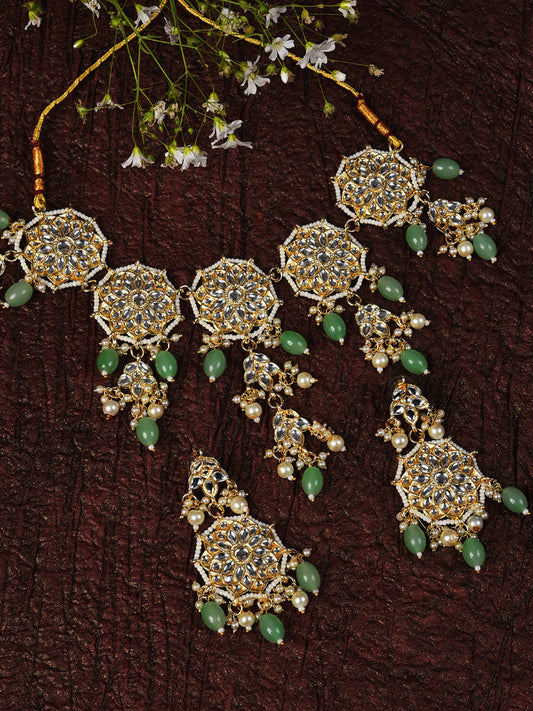 GREEN KUNDAN CHOKER WITH EARRING SET