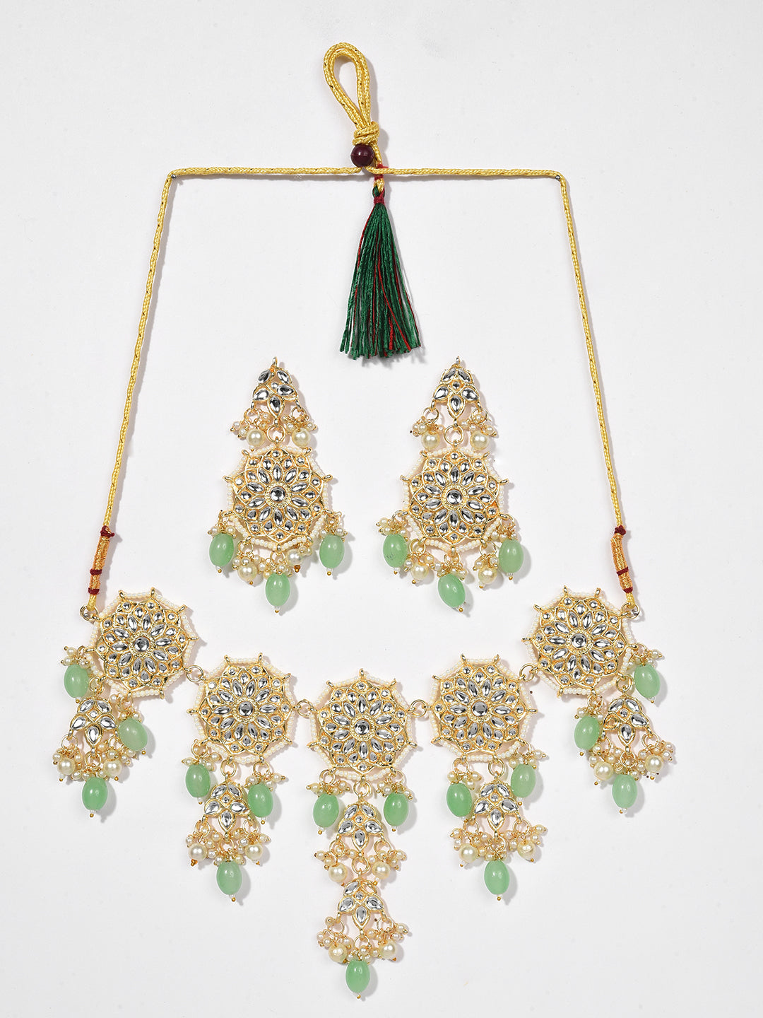 GREEN KUNDAN CHOKER WITH EARRING SET