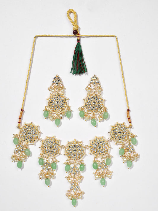 GREEN KUNDAN CHOKER WITH EARRING SET