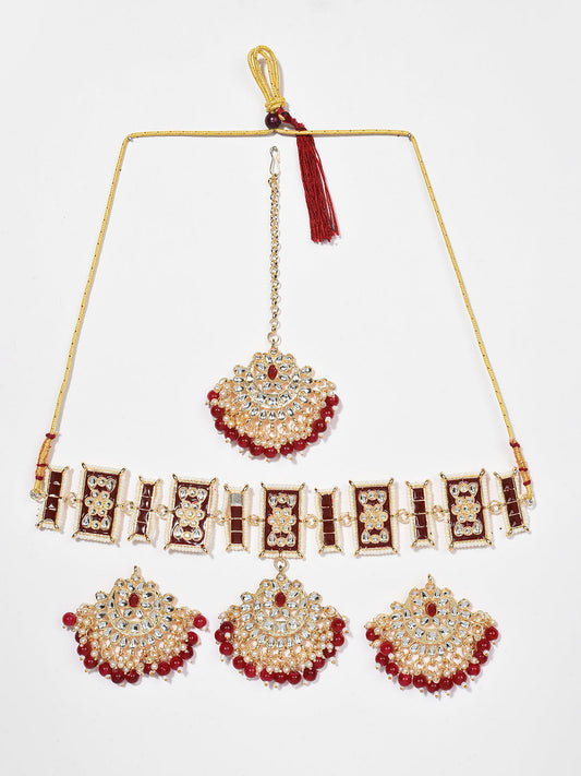 MAROON NECKLACE WITH EARRING & MAANGTIKA SET