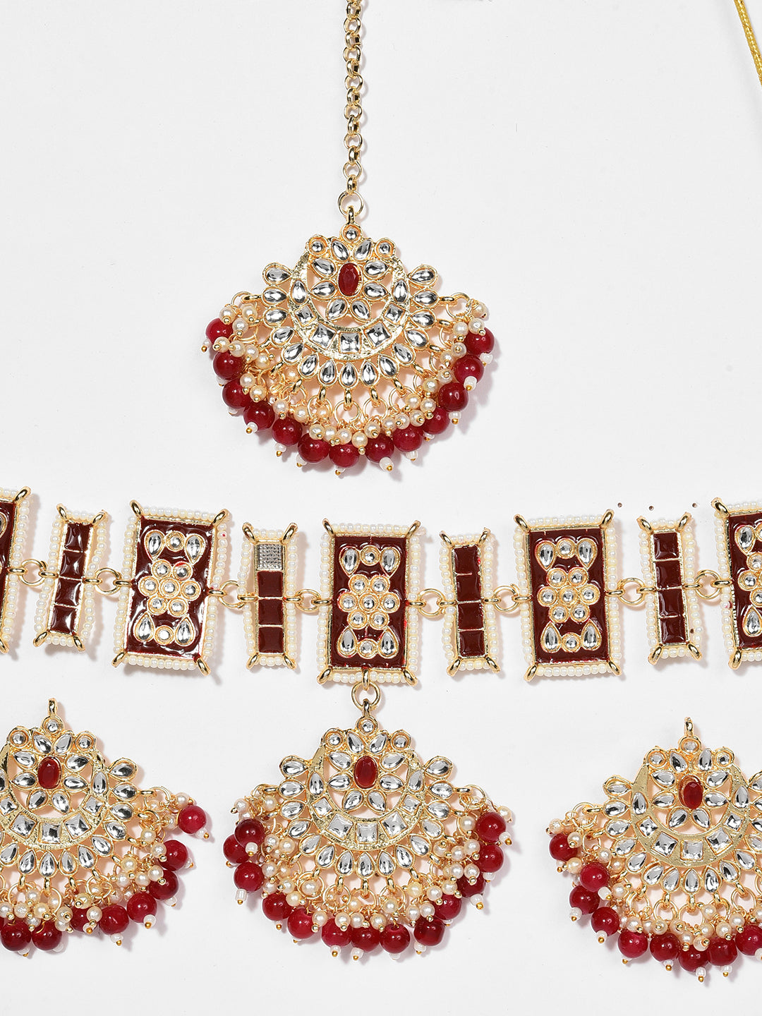 MAROON NECKLACE WITH EARRING & MAANGTIKA SET