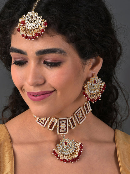 MAROON NECKLACE WITH EARRING & MAANGTIKA SET